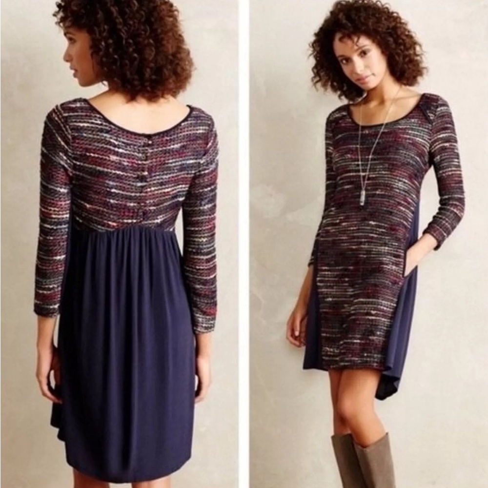 Anthropologie Maeve Rainbow Boucle ChunkyYarn Knit Mini Dress Half Sleeve MEDIUM